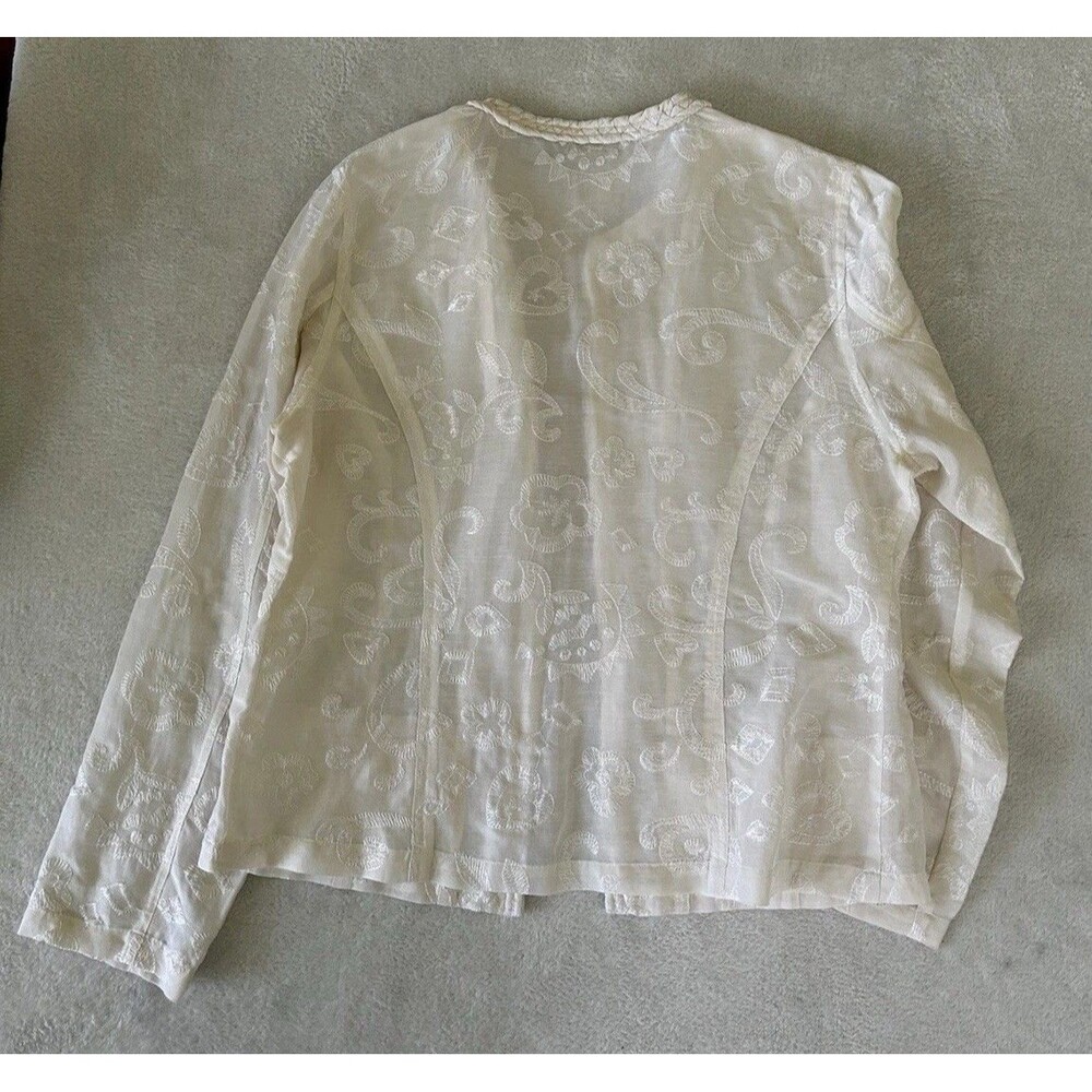 CHICOS Ivory Silk Linen Blend Open Front Jacket Embroidered Braided Lapel - Picture 6 of 13